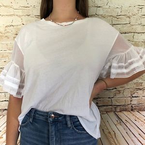 KAARI blue white top with ruffle mesh sleeve